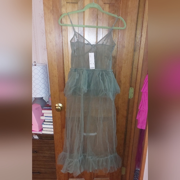 Urban Outfitters Aida Sheer Mesh Ruffle Midi Dress in Green XS - Picture 6 of 10